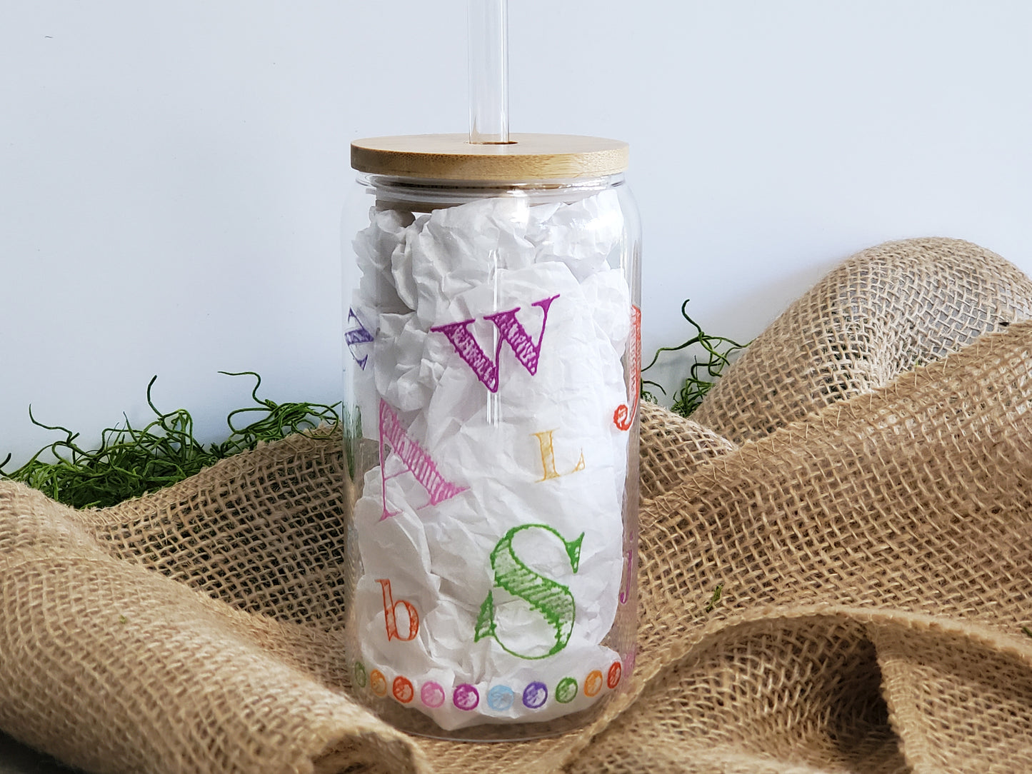 Alphabet Letters Glass Can - 16 oz.