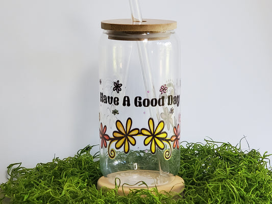 Retro Floral Glass Can - 16 oz.